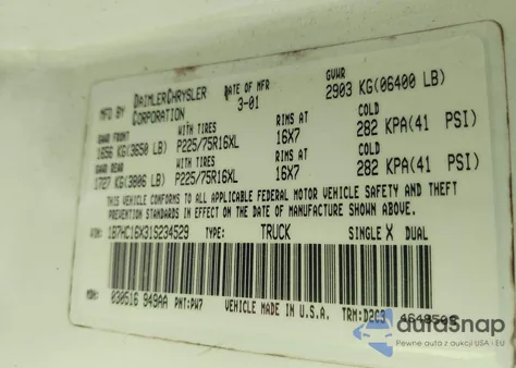 2001 Dodge Ram 1500 St/Ws z USA, uszkodzony, nr VIN 1B7HC16X31S234529